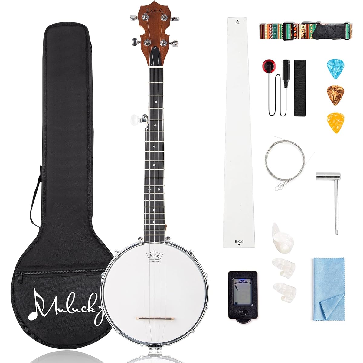 Mulucky 5 String Banjo Mini - 28" Travel Banjo Sapele Body Closed Solid Back Beginner Kit with Gig Bag Pick String Strap - B806