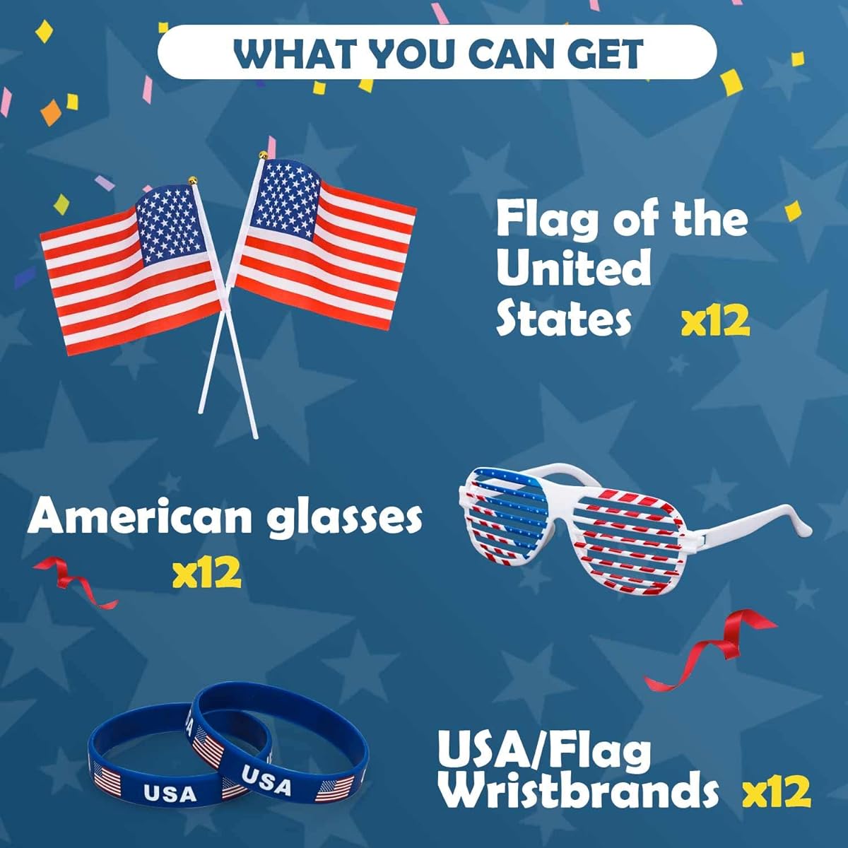 TOY Life 4th of July Party Favors Set 4th of July with American Flag Sticks Patriotic Glasses Bracelets Patriotic Party Supplies Independence Day 4th of July Party Decorations