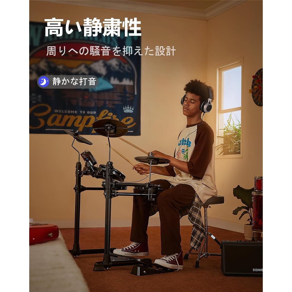 Donner Electronic Drum Set Mesh Home Practice Foldable Small Drum Throne Stick Headphone Audio Cable Deluxe Mesh Kit Included Christmas New Year Gift Kids Beginners Adults Students Japanese Instruction Manual DED-80 (4 Drums 3 Cymbals)