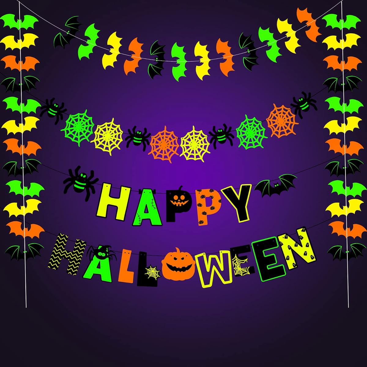Halloween Party Decoration Garland Fluorescent Happy Halloween Banner Green Orange Cobweb Garland Streamers Glow in the Dark Halloween Bunting Banner Home Wall Decoration Supplies