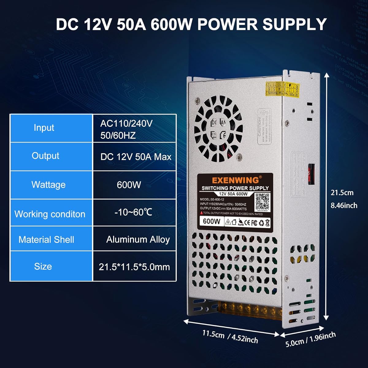 EXENWING 12V 50A 600W Power Adapter Universal Switching Power Supply SMPS AC 110/220V Input DC 12V Output Regulated Votage Transformer Converter LED Strip for 3D Printer CCTV Camera Speaker
