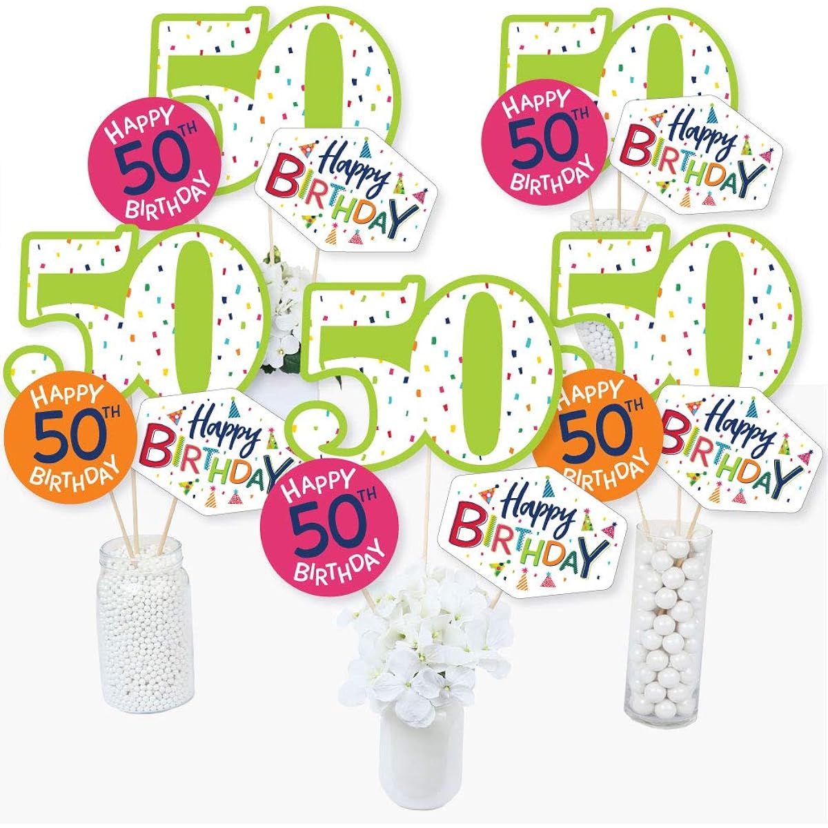 50th Birthday - Cheerful Happy Birthday - Colorful 50th Birthday Party Centerpiece Sticks - Table Toppers - Set of 15