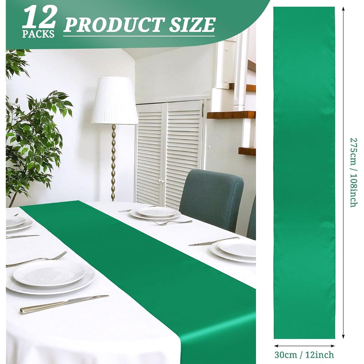 Green Satin Table Runners 12" x 108" Long, Premium Table Runners for Wedding Party, Event Decoration, Birthday Party, Banquet Decoration, Graduation, Engagement, Set of 12
