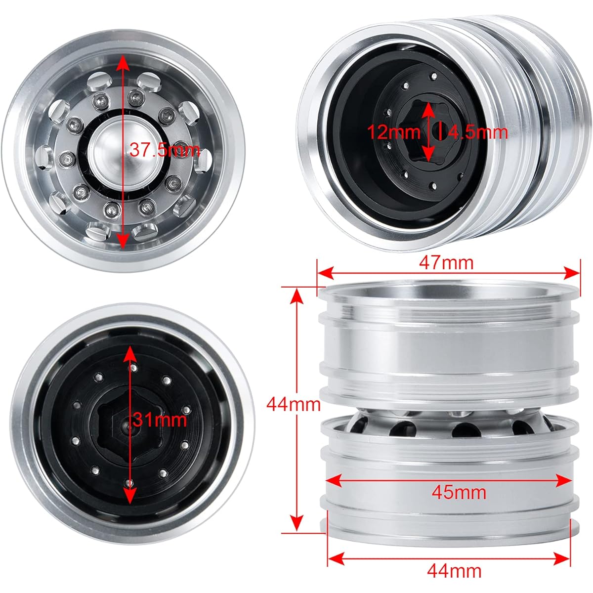 Que-T Metal Rear Wheel Rim Wheel Hub 4pcs 1:14 Tamiya Trailer Tractor Truck Climbing Upgrade