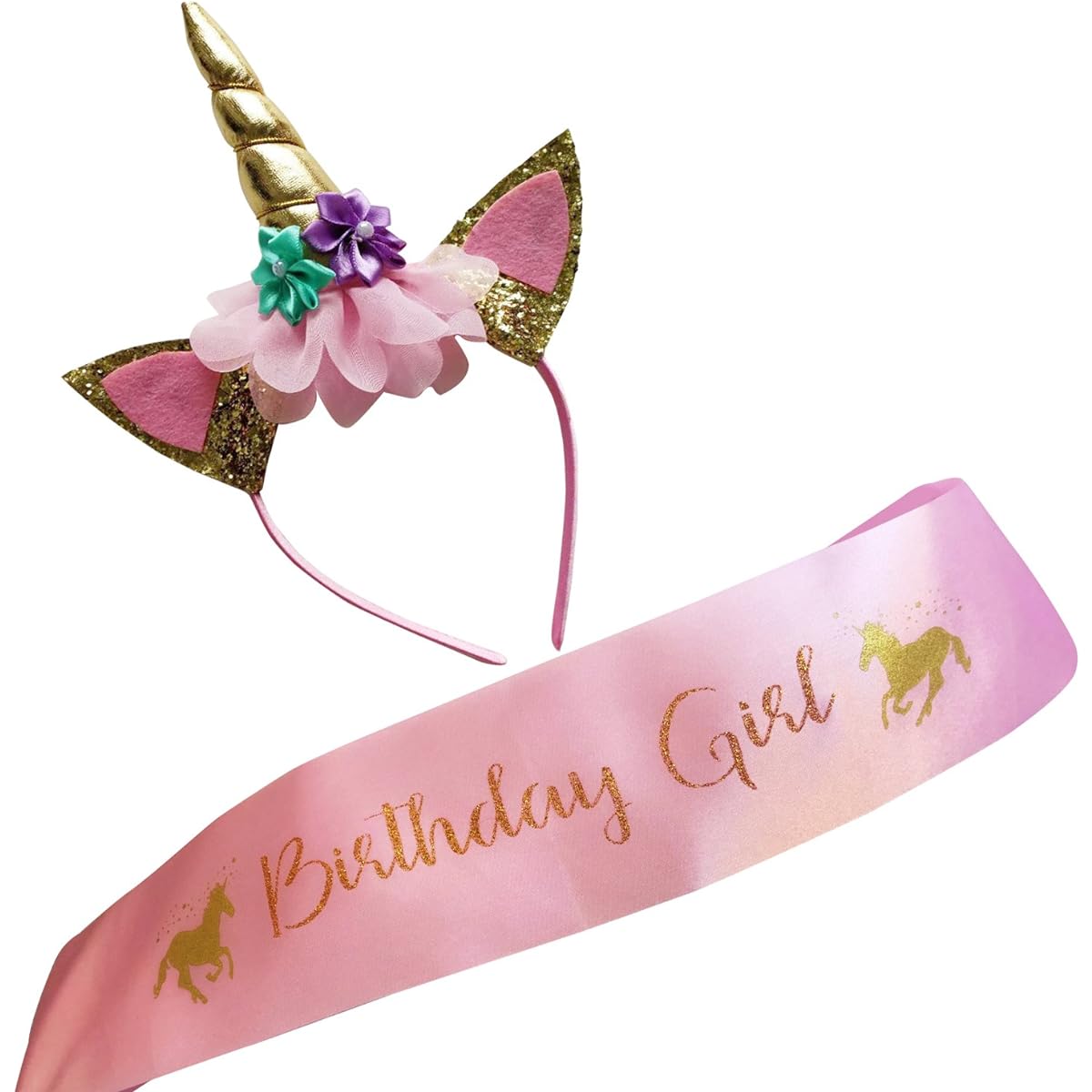 Marvs Store Unicorn Birthday Girl Gold Glitter Unicorn Headband and Pink Satin Sash Girls Set with Ebook Happy Birthday Unicorn Party Supplies Favors Decorations - 2021