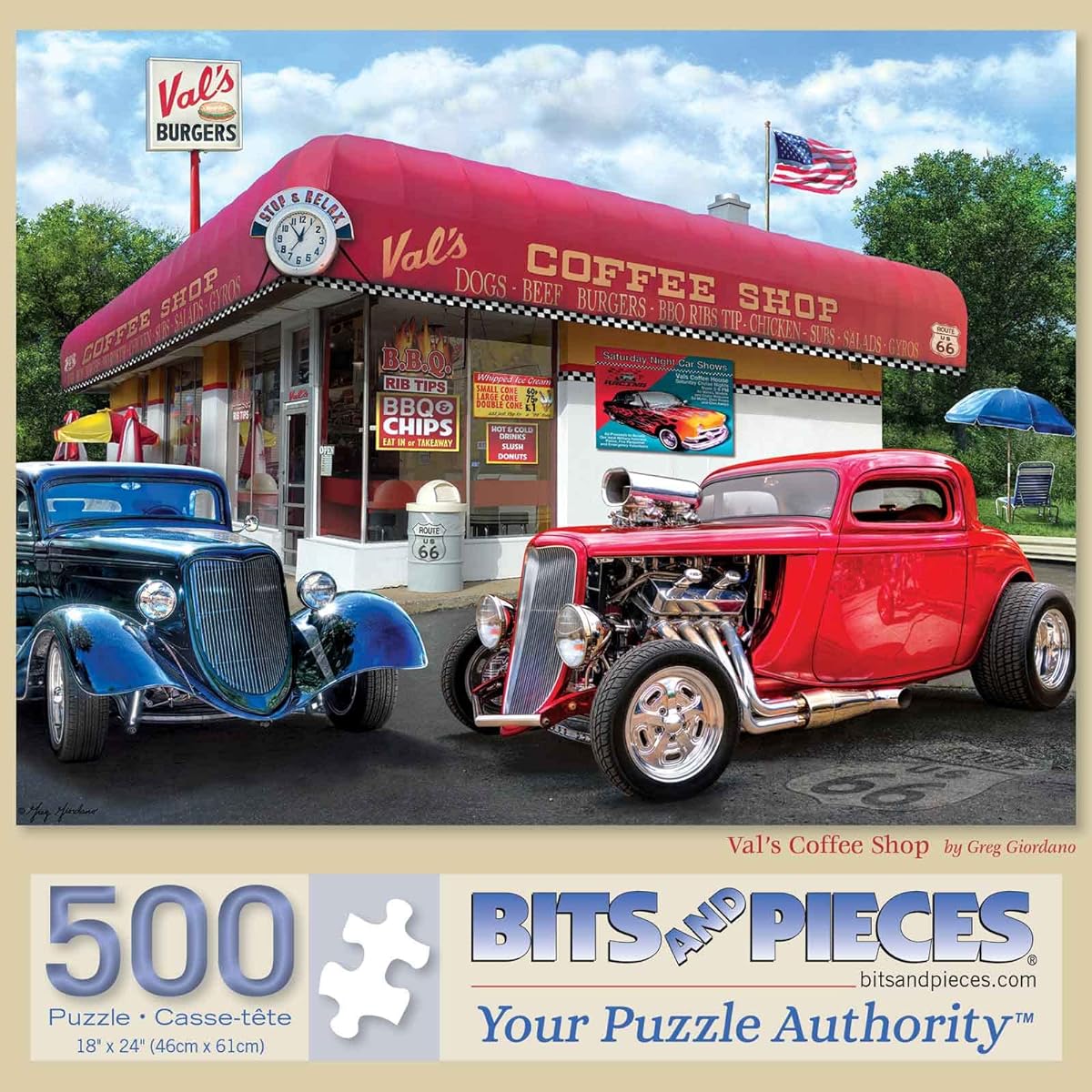 Bits and Pieces - 500 Piece Jigsaw Puzzle for Adults 18" x 24" - Val's Coffee Shop - 500 Piece Classic Americana Car Stop Restaurant Artist Greg Giordano