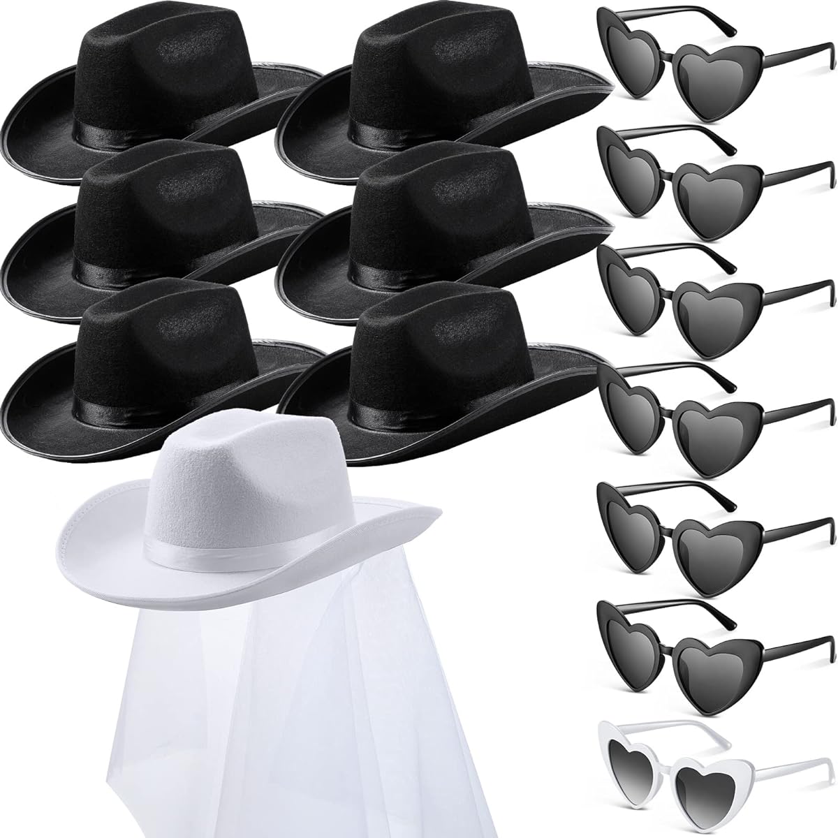 Unittype 14 Pieces Bridal Cowgirl Party Set Heart Glasses Bride Cowboy Hat for Bachelorette Party Bridal Wedding Shower