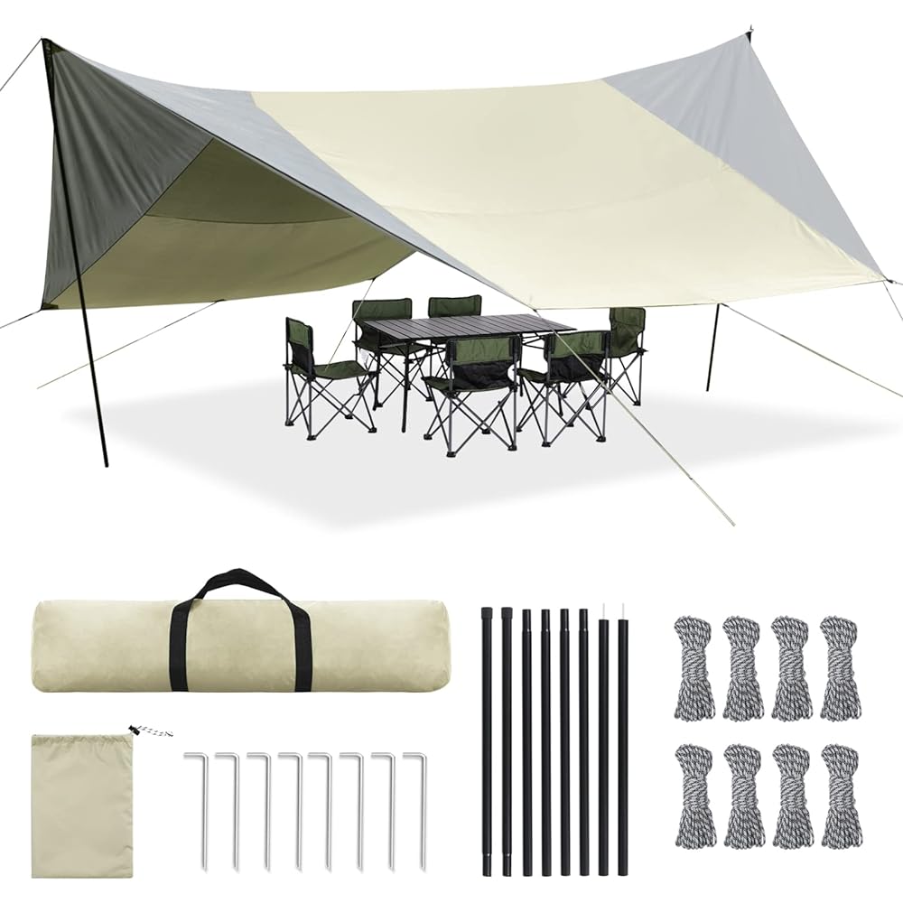 MASTERCANOPY Waterproof Tarp with Pole Awning Shade Camping Tarp Sun Shelter Outdoor Large UPF50+ Shading Heat Shielding High Water Pressure All-in-One Portable Lightweight (6M, Beige)