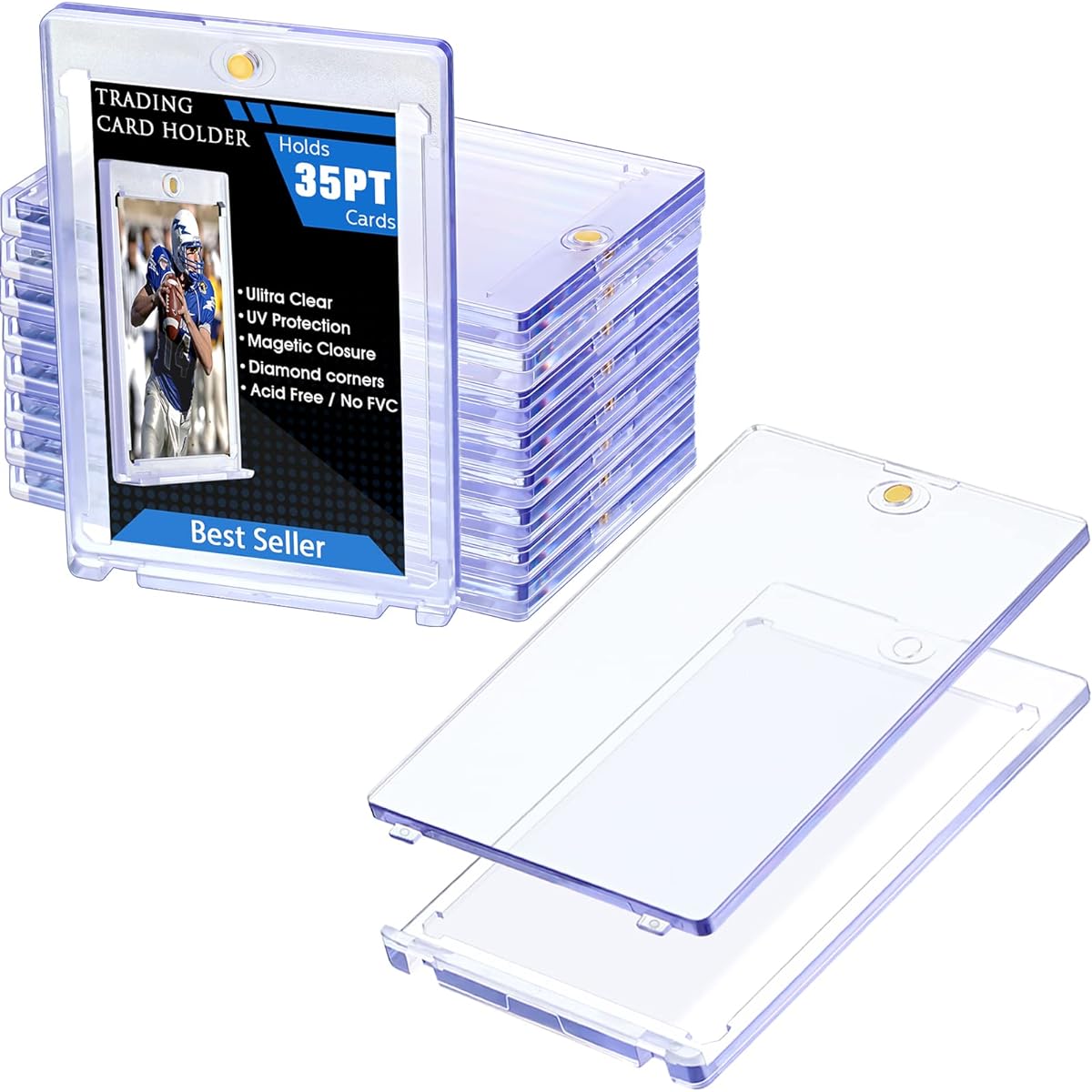 Magnetic Trading Card Case Baseball Card Holder 35 PT Hard Card Collection Case Acrylic Trading Card Protector for Game Baseball Football Sports Cards Storage and Display Gold (20 Pieces)