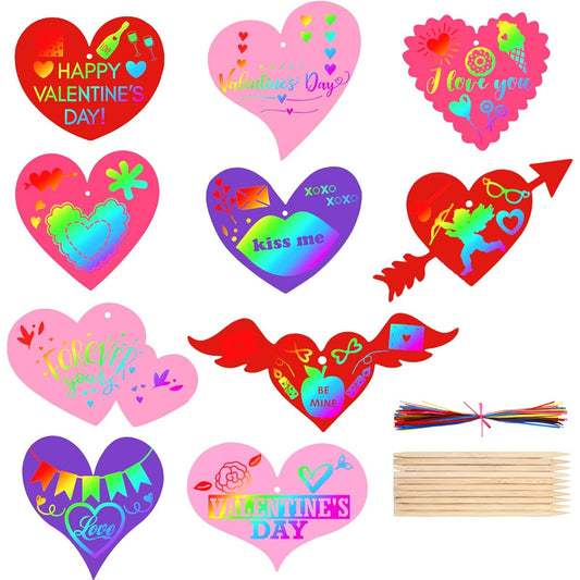 60 Pieces Valentine's Day Scratch Paper Art Set, Valentine's Day Scratch Craft Art Magic Color Scratch Heart with 60 Colored Ribbons and 10 Bamboo Sticks for Valentine's Day DIY Decoration Party Supplies