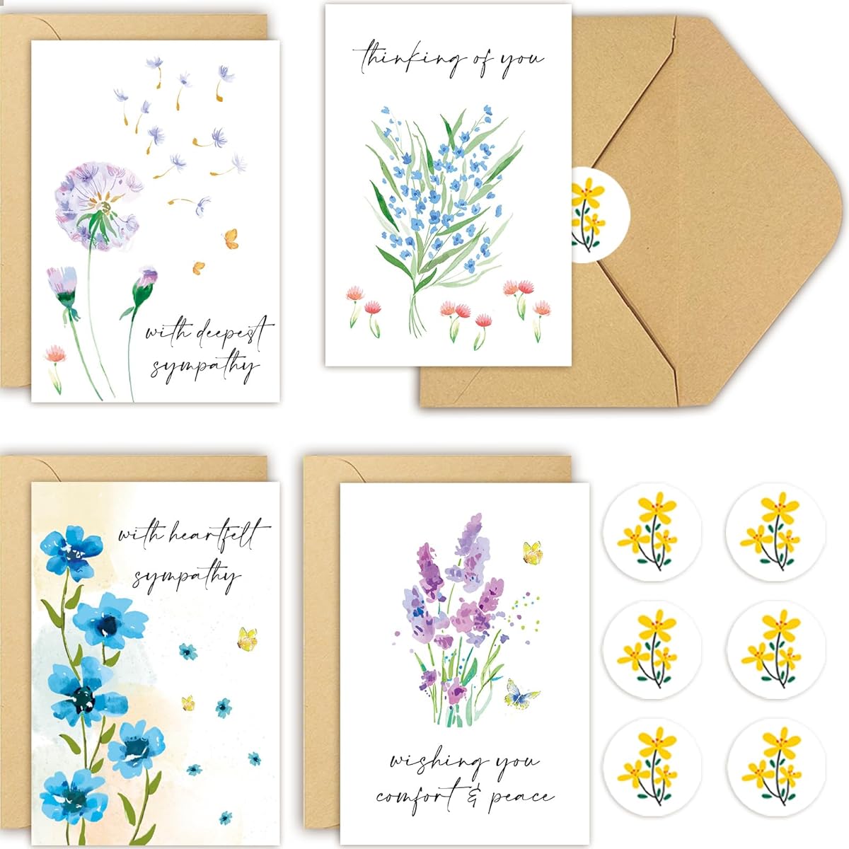 Obbyidk 40 Pack Sympathy Cards with Envelopes, Watercolor Floral Sympathy Cards, Sympathy Cards Bulk Box Set, Thinking of You Cards, Floral Sympathy Card Set, 4 x 6 Inch