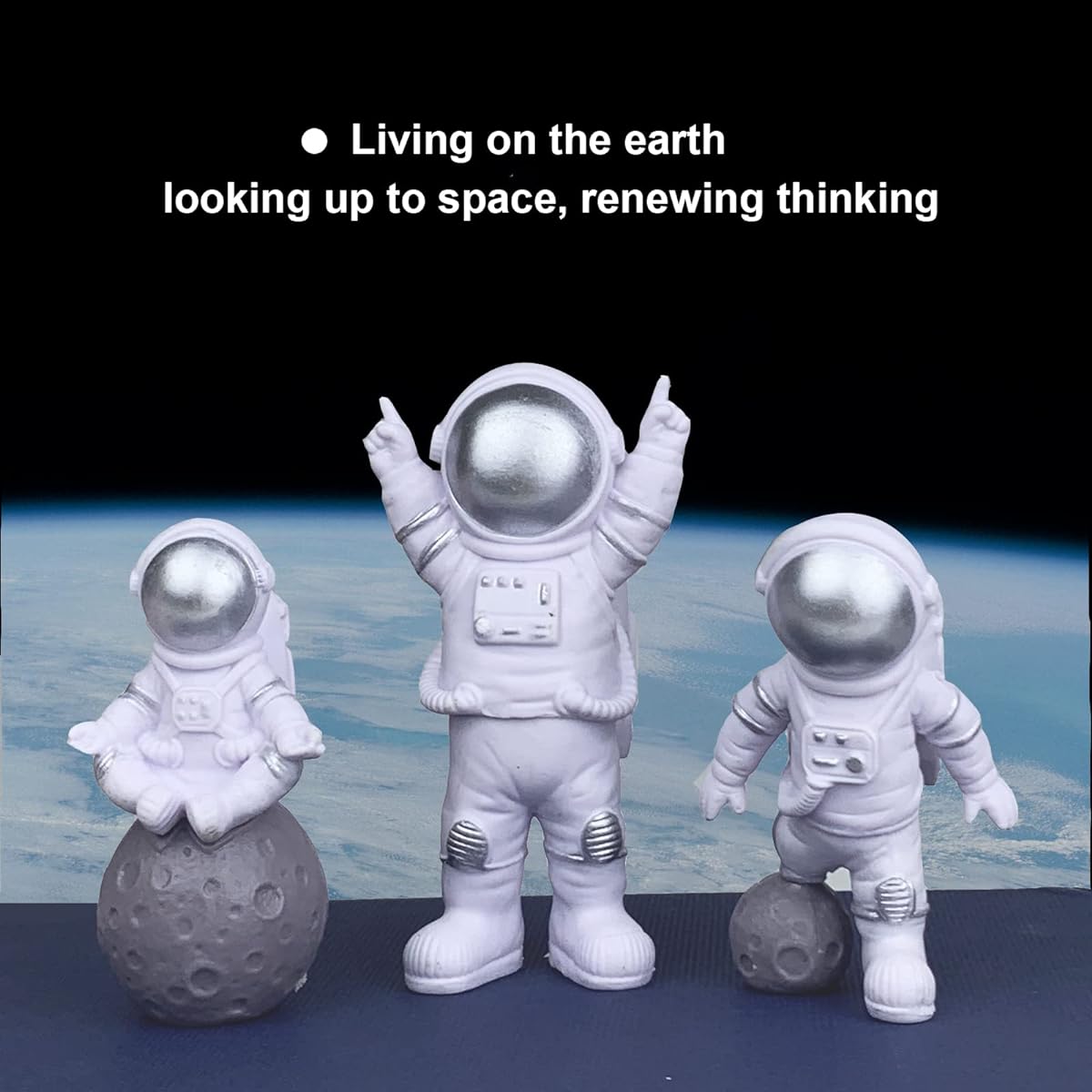Astronaut Figurine Space Cake Topper Silver Astronaut Solid Resin Decoration Outer Space Birthday Cupcake Desktop Ornaments Astronaut Figure Toys Kids Party Gifts 3pcs and 1 Keychain