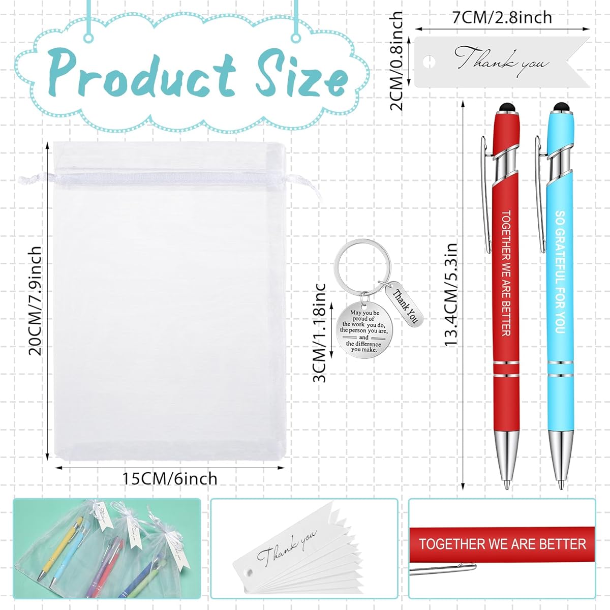 Qeeenar 30 Sets Employee Appreciation Gifts, Motivational Pens, Appreciation Keychains, Organza Bags and Thank You Cards, Thank You Gifts for Teachers Colleagues Staff Teams (Colorful Style)