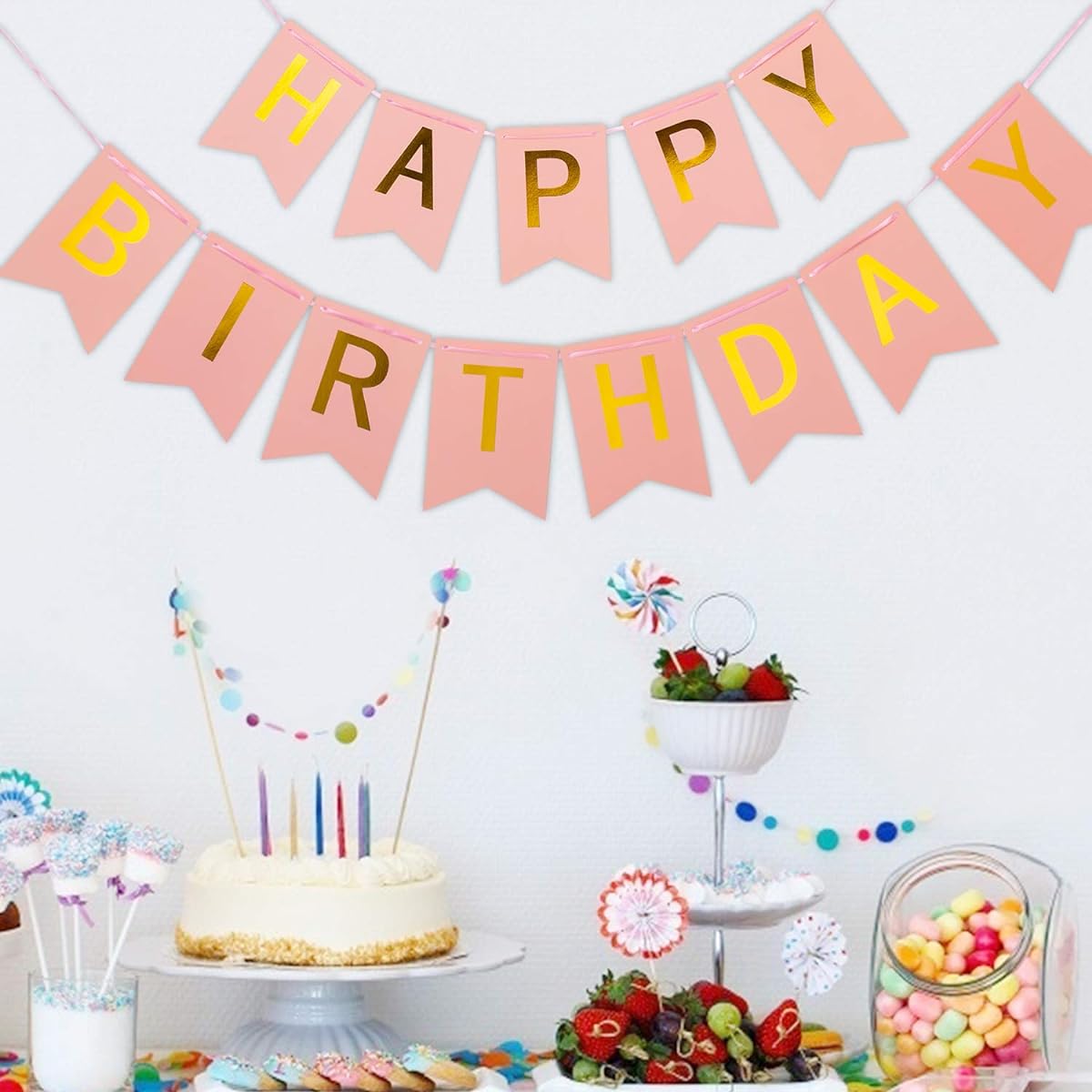 WESTGO Birthday Decorations Pink and Gold Premium Quality Happy Birthday Banner with Gold Bling Letters Reusable Birthday Party Supplies Perfect for Kids Girls Women