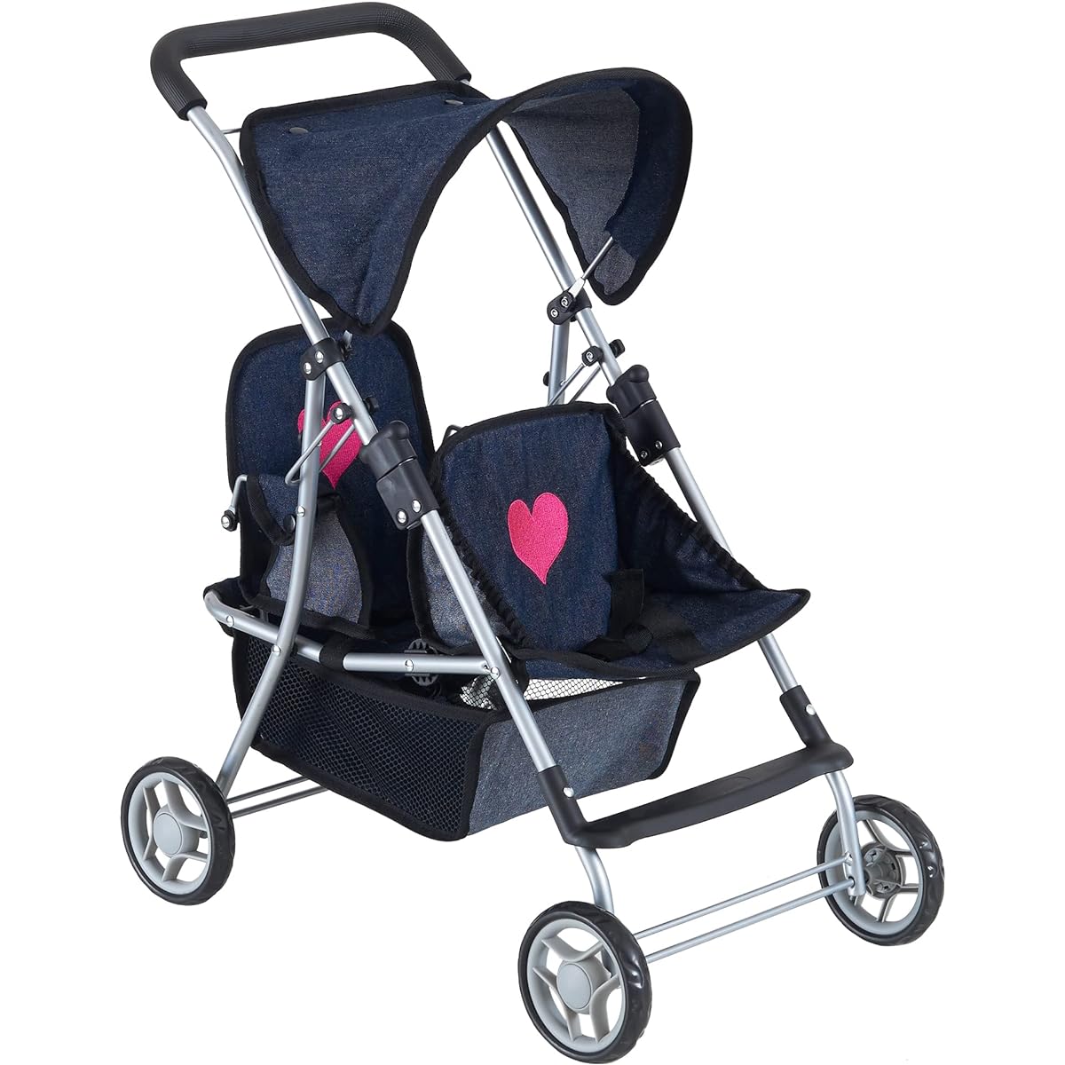 The New York Doll Collection First Doll Twin Stroller - Cute Heart Design Baby Doll Stroller - Best Toy Gift for Toddlers and Girls (Denim)