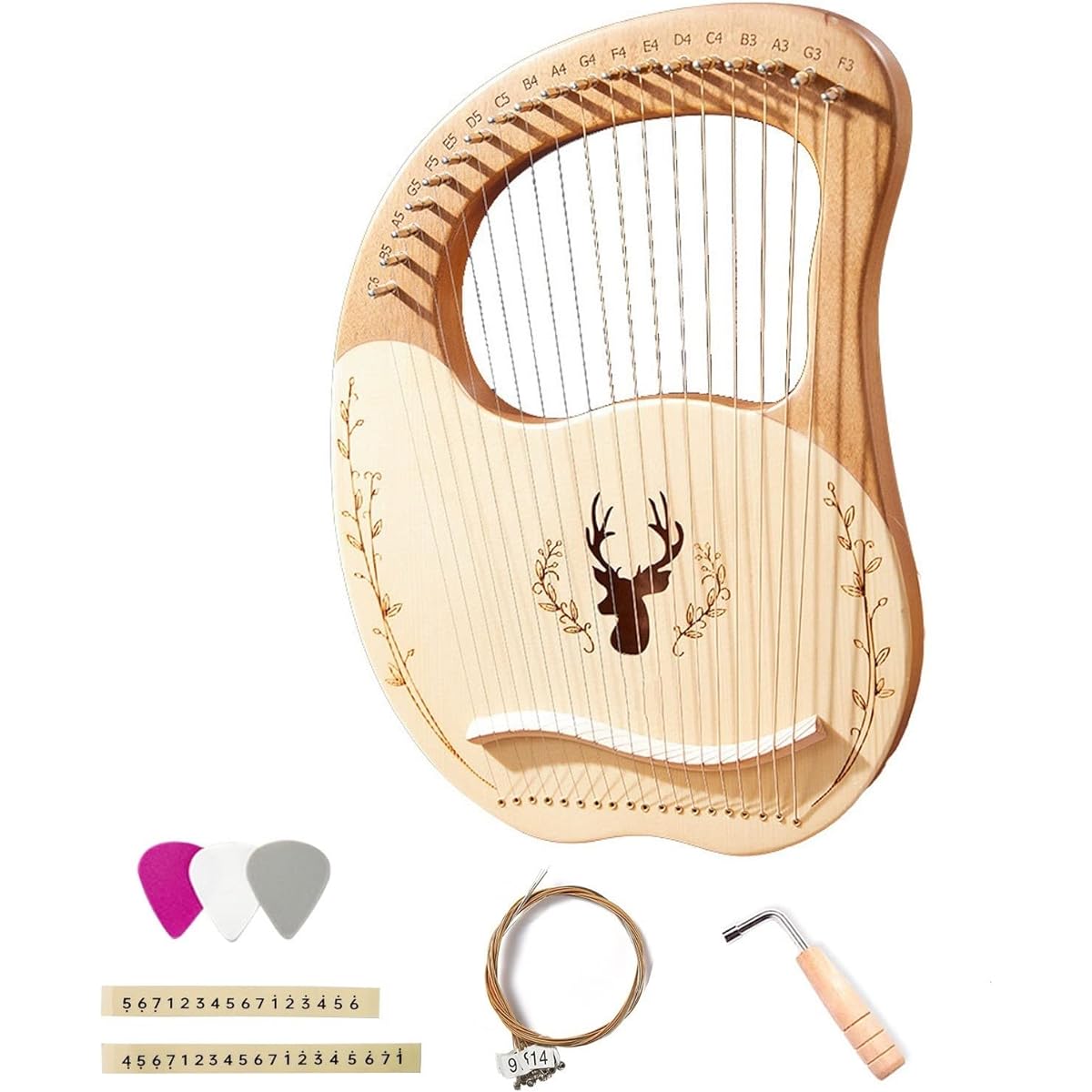 WowZza 19 String Wooden Lyra Harp Resonating Box Stringed Instrument with Tuning Wrench and Pick 3pcs Lyra Harp/1