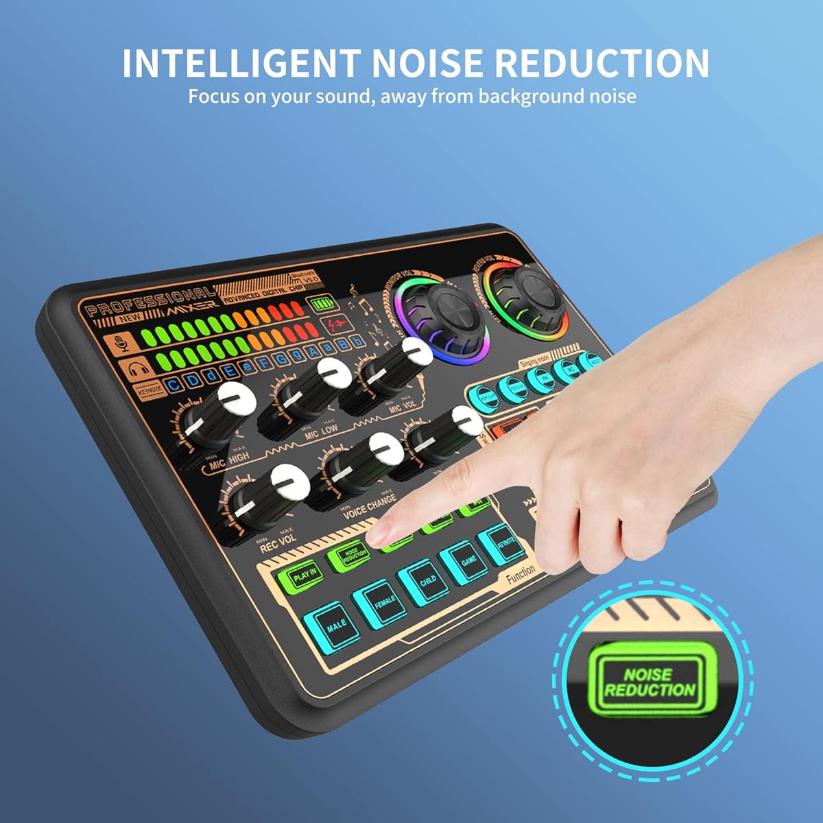 Hosabely Audio Mixer with Effects Audio Interface with Voice Changer & LED Light External Sound Card for PC Phone Microphone Audio Mixer for Karaoke Streaming Recording Game