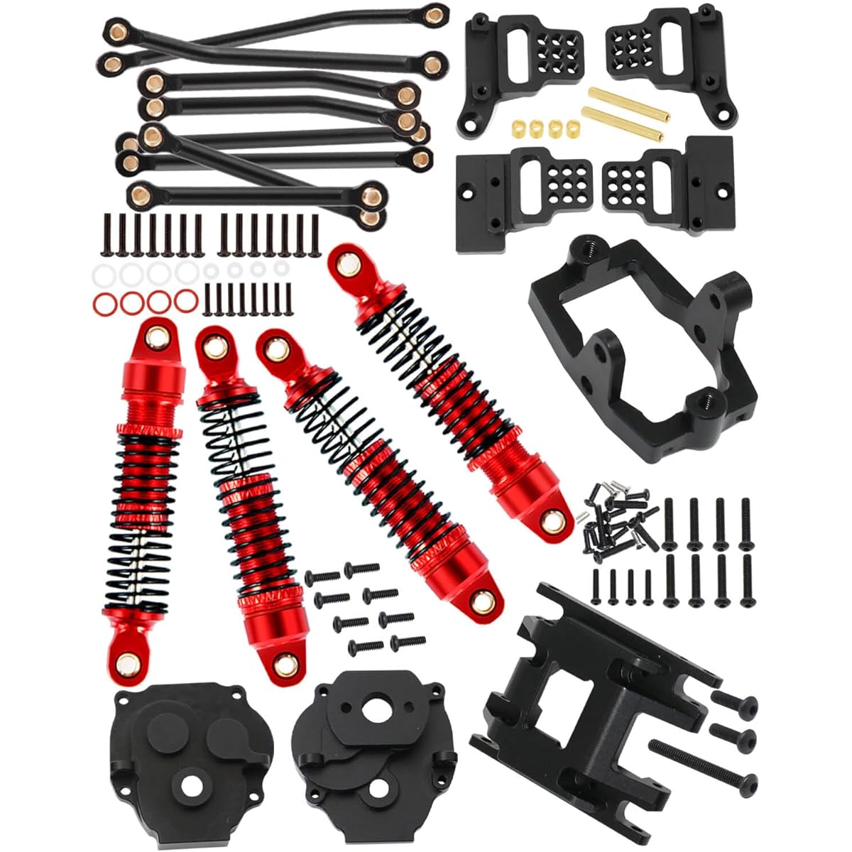 HopsupRC Traxxas 1/18 Upgrade for TRX4M Chassis Link Suspension Link RC Shock Absorber Adjustable Shock Tower Transmission Case Skid Plate Transmission Mount Steering Servo Mount Black