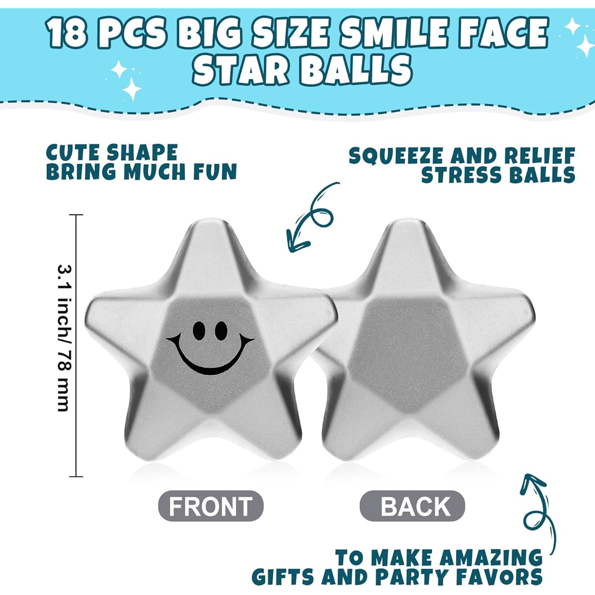 18pcs 3.1" Star Smile Face Stress Balls Star Foam Smile Balls Star Shaped Stress Balls Relief Star Stress Balls Smile Stress Balls School Reward Student Party Bag Fillers (Silver)