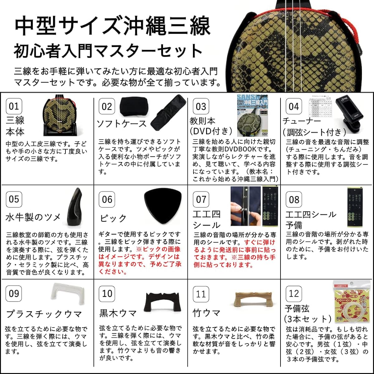 Sanshin Medium-sized Okinawan sanshin Self-study master set for beginners DVD textbook included [Umi no Koe, Ito, Hanamizuki sheet music included!]