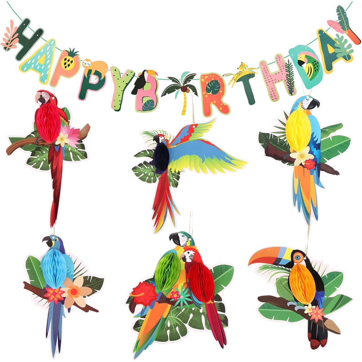 Tropical Bird Party Supplies 7 Pieces Hawaiian Party Banner 1 Piece Parrot Honeycomb Decorations Tiki Decorations Rainforest Hanging Birthday Party Decorations Garden Room Decorations