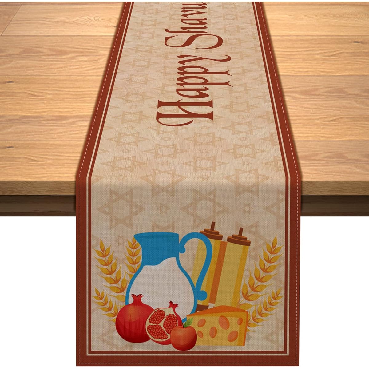 Happy Shavuot Table Runner Linen Rustic Jewish Feast of The Weeks Table Cover Home Kitchen Dining Table Decoration-72 Inch