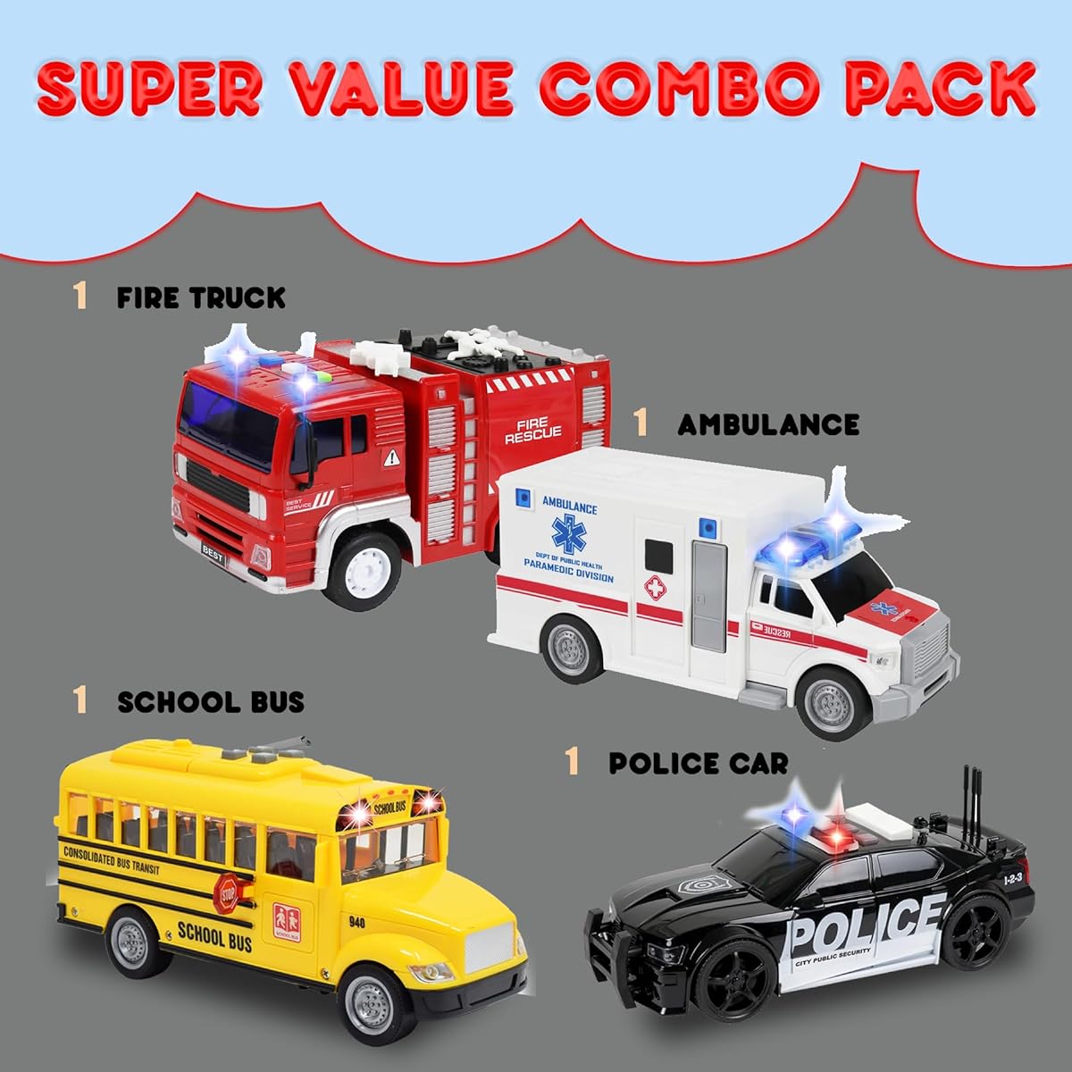 TeganPlay Emergency Vehicle Toy Set [4 Pack] | Ambulance Toy Fire Engine Police Car School Bus Toddler Vehicle for Kids Boys | Friction Drive Realistic Lights and Sounds