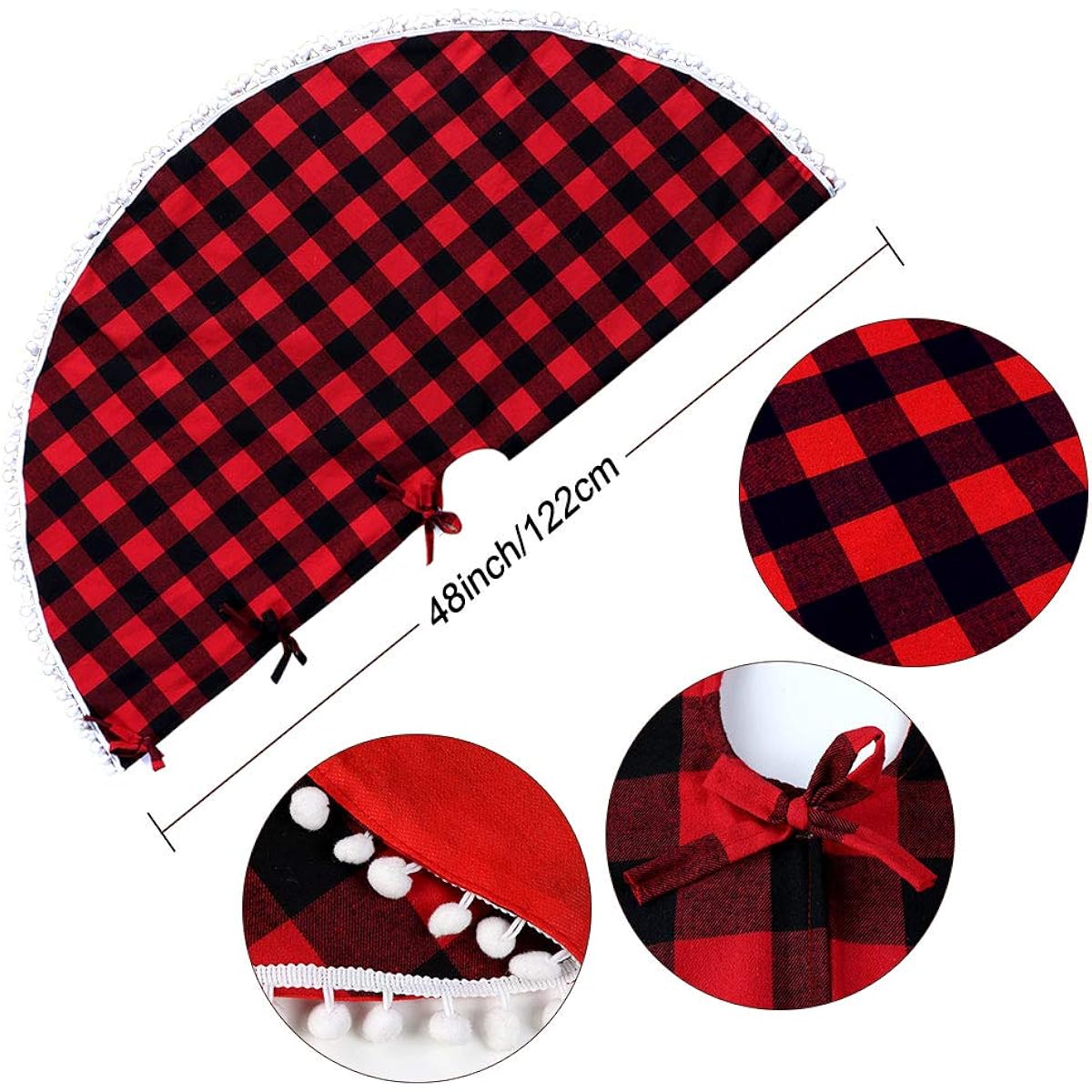 PartyTalk Christmas Tree Skirt, 48" Red & Black Buffalo Plaid Tree Skirt with Pompom Trim for Holiday Christmas Decorations, Double Layer Christmas Tree Skirt