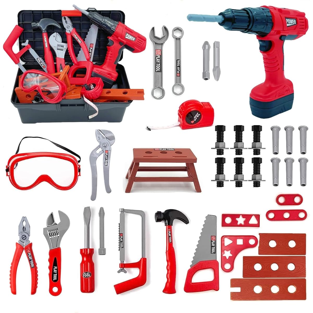 Mocethoa Kids Tool Set Kit, Pretend Play Set, 48 Pieces Tool Toys for Toddlers, Electric Drill Gifts for Boys Girls Kids Toddlers Ages 3 4 5 6 7 8+ (Red)