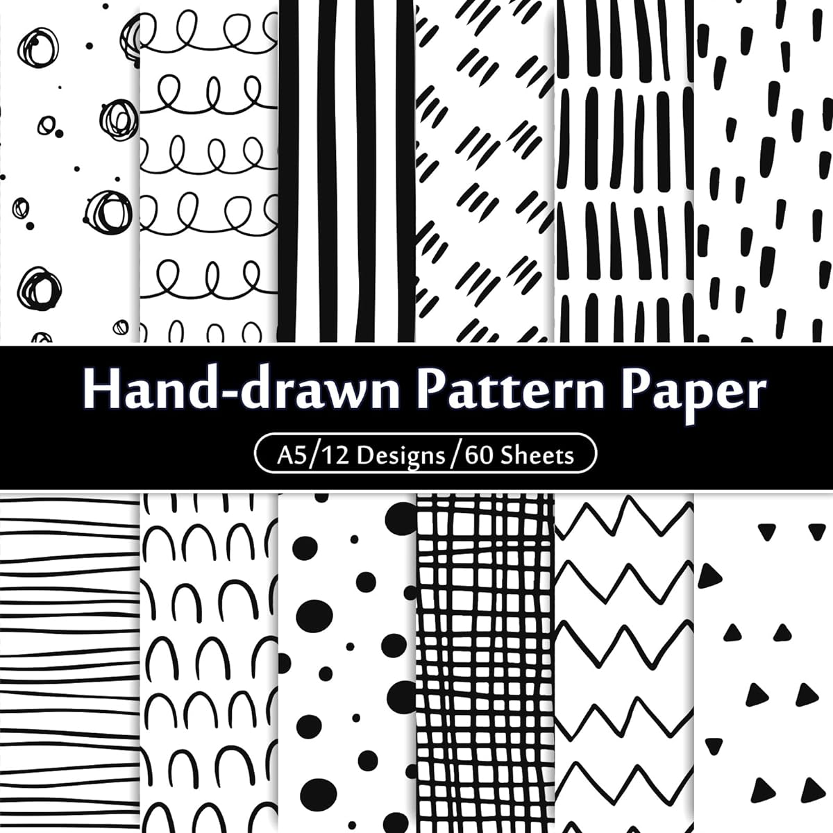 Whaline 60 Sheets Black & White Doodle Pattern Paper, A5 Size, Hand Drawn Waves and Dots Scrapbook Paper, Double Sided, Minimalist Craft Paper, DIY Background Card Making Supplies, 12 Designs