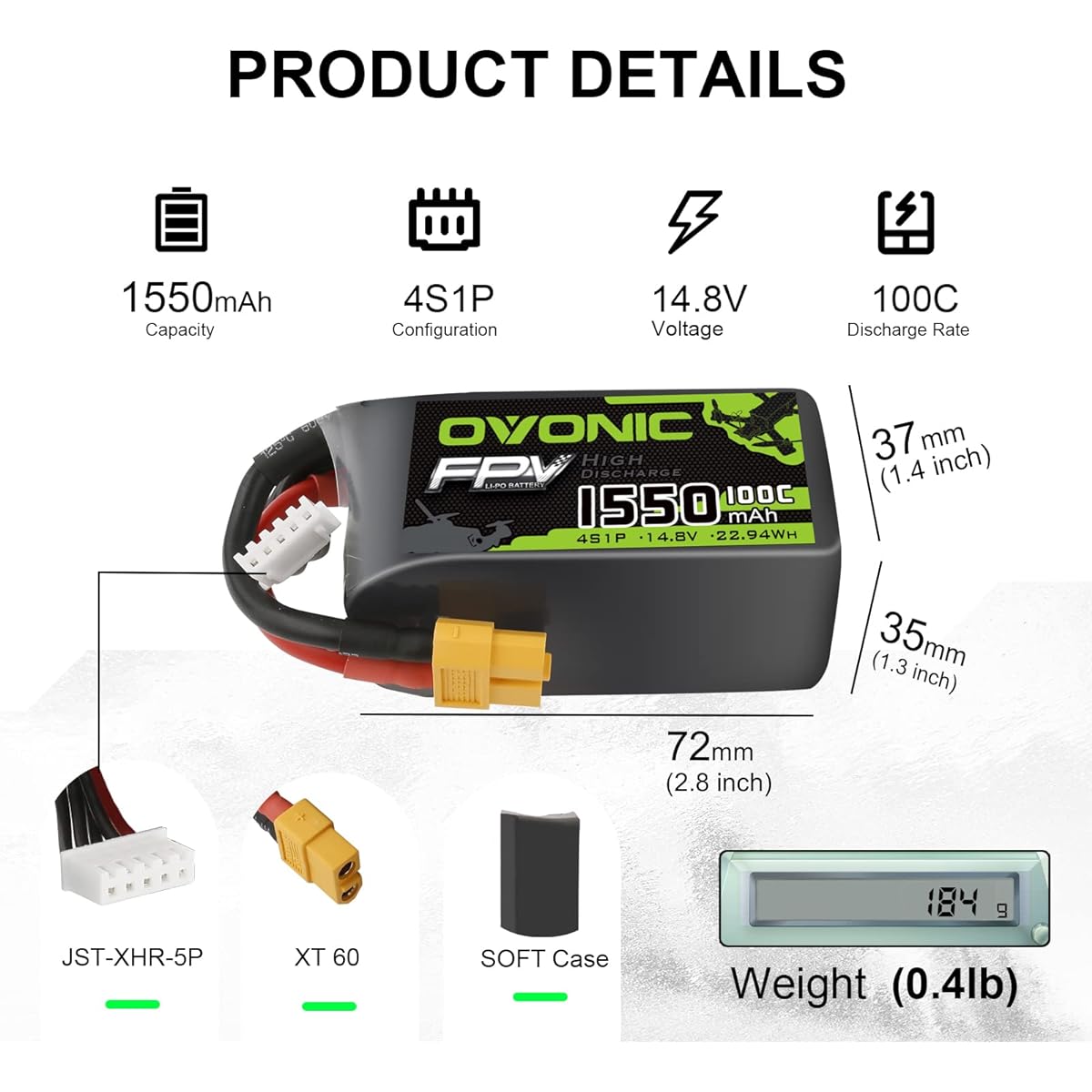 OVONIC 4s Lipo Battery 100C 1550mAh 14.8V Lipo Battery with XT60 Connector for RC FPV Racing Drone Quadcopter (2 Pack)
