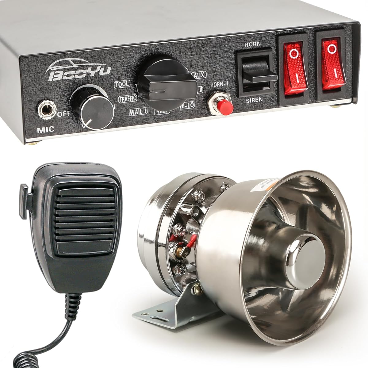 BooYu 9 Tone 12V 200W Warning Emergency Police Siren PA System [Silver Steel Speaker] [Handheld Microphone] [Hands Free] [125-135dB] [2 x 10A Switch] for Firefighter Ambulance Truck SUV ATV UTV