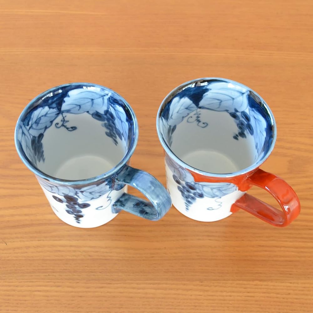 Happy Birthday Gift, Pair of Mugs, Arita Ware, Microwave Safe, Comes with Noshi and Message Card, Wooden Box, Fuchino Grape