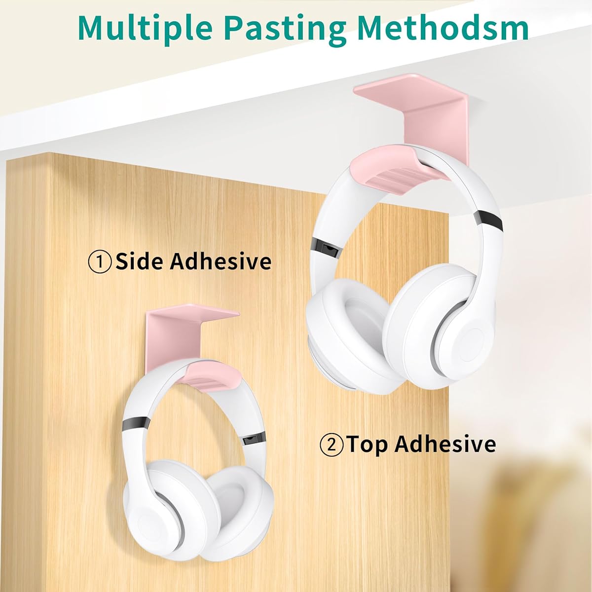 HomeMount Headphone Hook Under Desk - Under Table Headphone Holder Adhesive Gaming Headphone Stand Hanger Desk Mount Fits Most Headphones (Pink)
