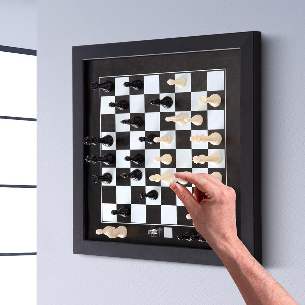 Bundaloo Hanging Magnetic Chess Set - Wooden Magnetic Board for Wall or Ceiling Mounting with Black & White Game Pieces - Chess Board Play, Art & Decoration for Home and Office - Black Wooden Frame, Strong Magnets