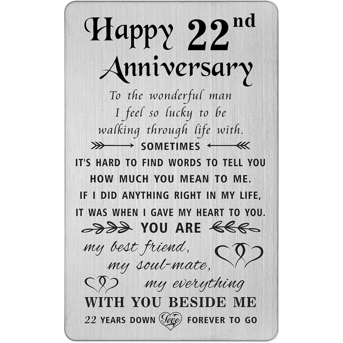 TANWIH 22nd Anniversary Cards, 22nd Anniversary Cards for Husband - 22 Years Down Forever to Go - 22 Years Wedding Anniversary Card Gifts for Men Engraved Metal Wallet Card