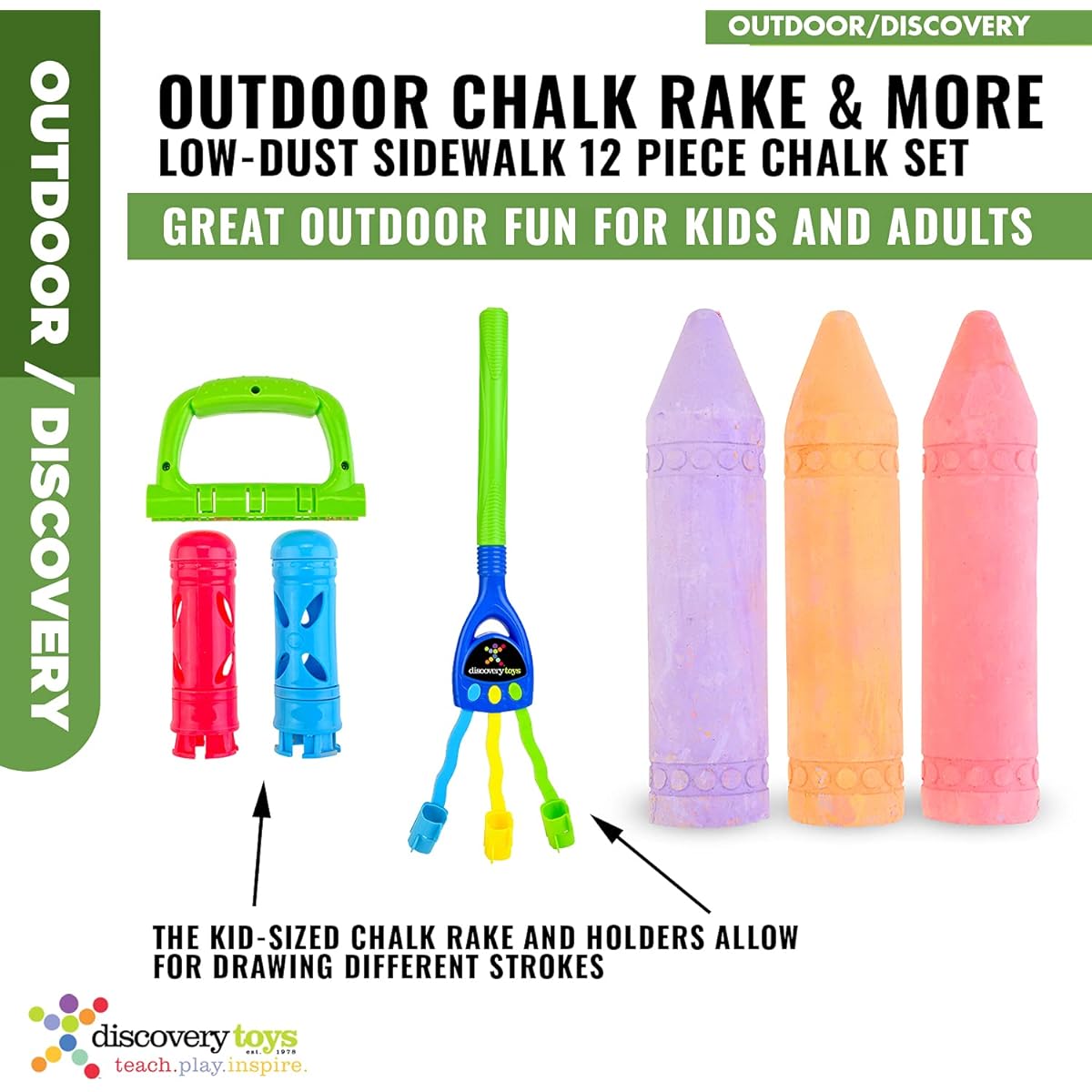 Discovery Toys Outdoor Chalk Rake Low Dust Sidewalk 12 Piece Chalk Fun Set, Learning for Kids, Chalk Stick Holder Set, Toys for Imagination, Childhood Development, Ages 3+