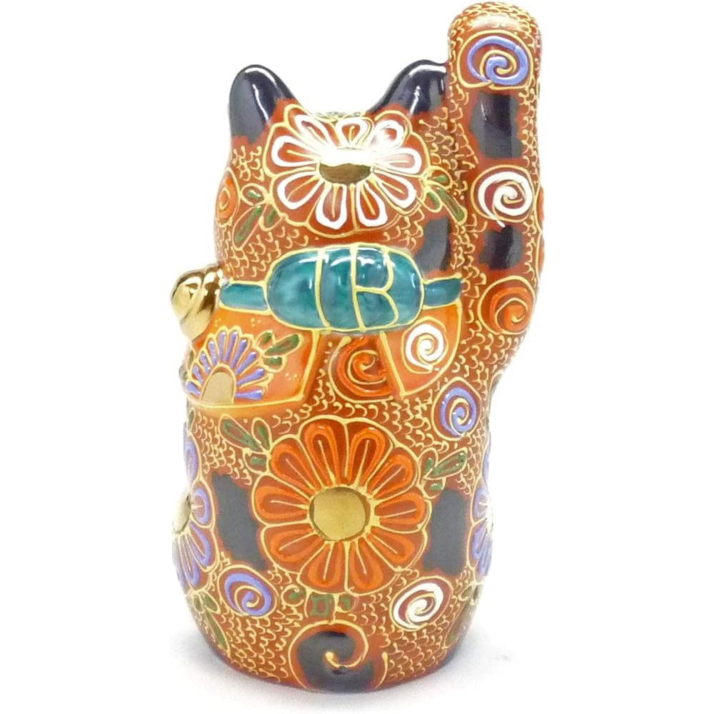 Kutani ware ``Maneki Neko'' Deco Mori No. 4 in a baked painted wooden box stand