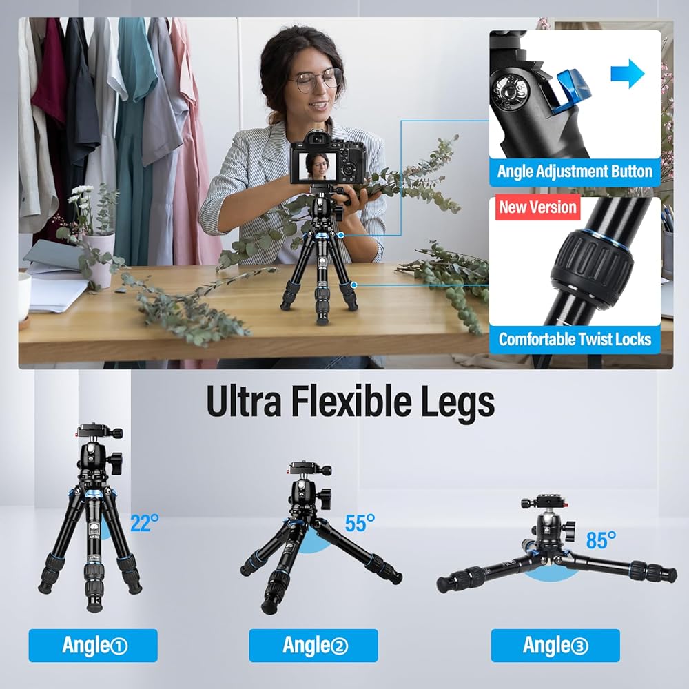 SIRUI AM203 Mini Travel Tripod, 360°B00K Head, Aluminum Tabletop Tripod for Camera, Max Load 33lbs/15KG, Collapsed Length 11.4", Max Height 16.7"
