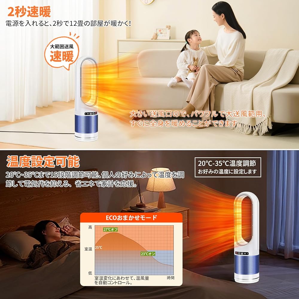 Ceramic Heater (2023 Newest Model/For Both Cold and Cold Use), Electric Heater Heater, Energy Saving, Ceramic Fan Heater, 1200 W, 3 Levels of Warm Air, 8 Levels of Cold Air, 2-Second Heating and Air