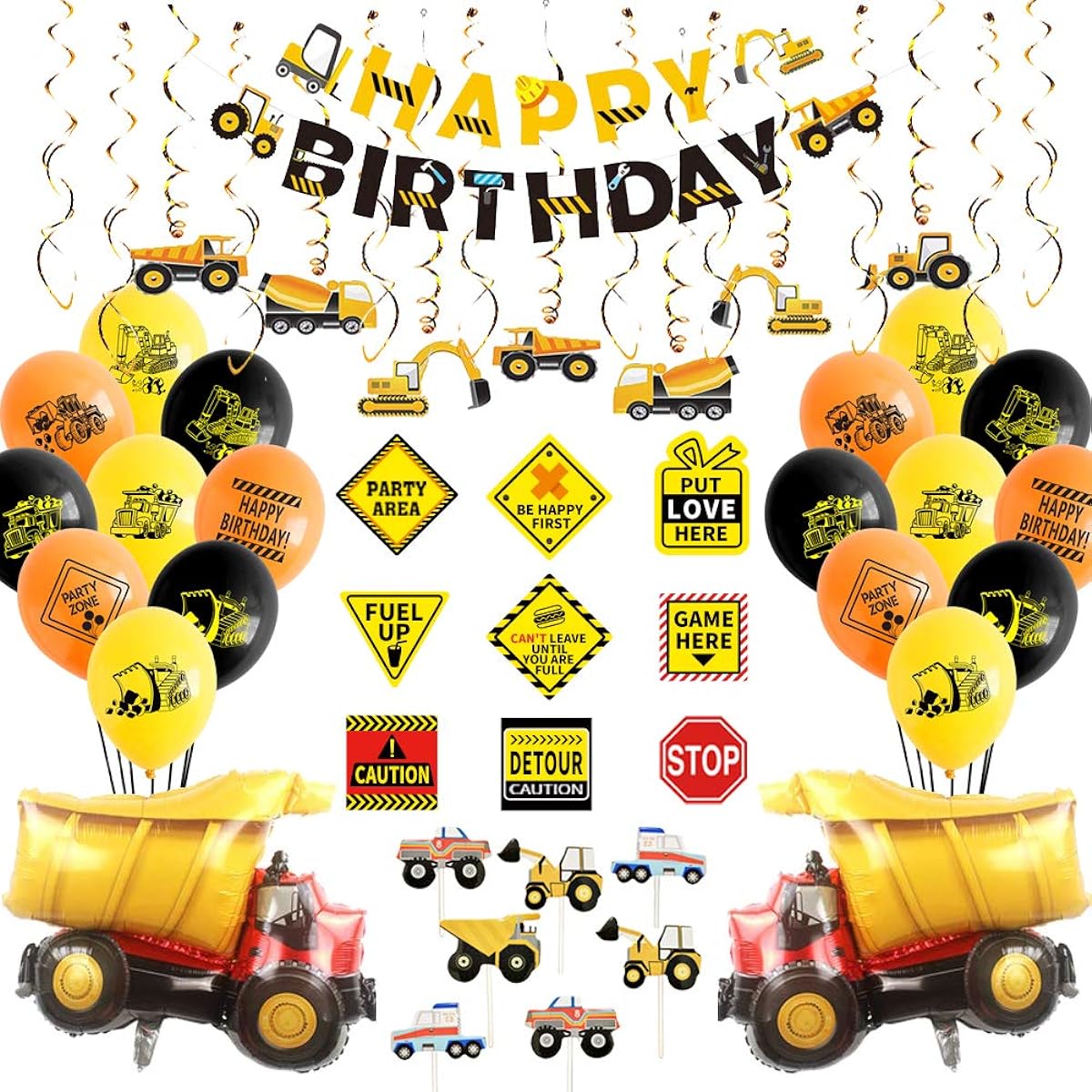 Construction Party Supplies Dump Truck Birthday Party Decorations for Boys - 70 Pack Construction Signs Hanging Swirls Happy Birthday Banner Balloons Cake Topper