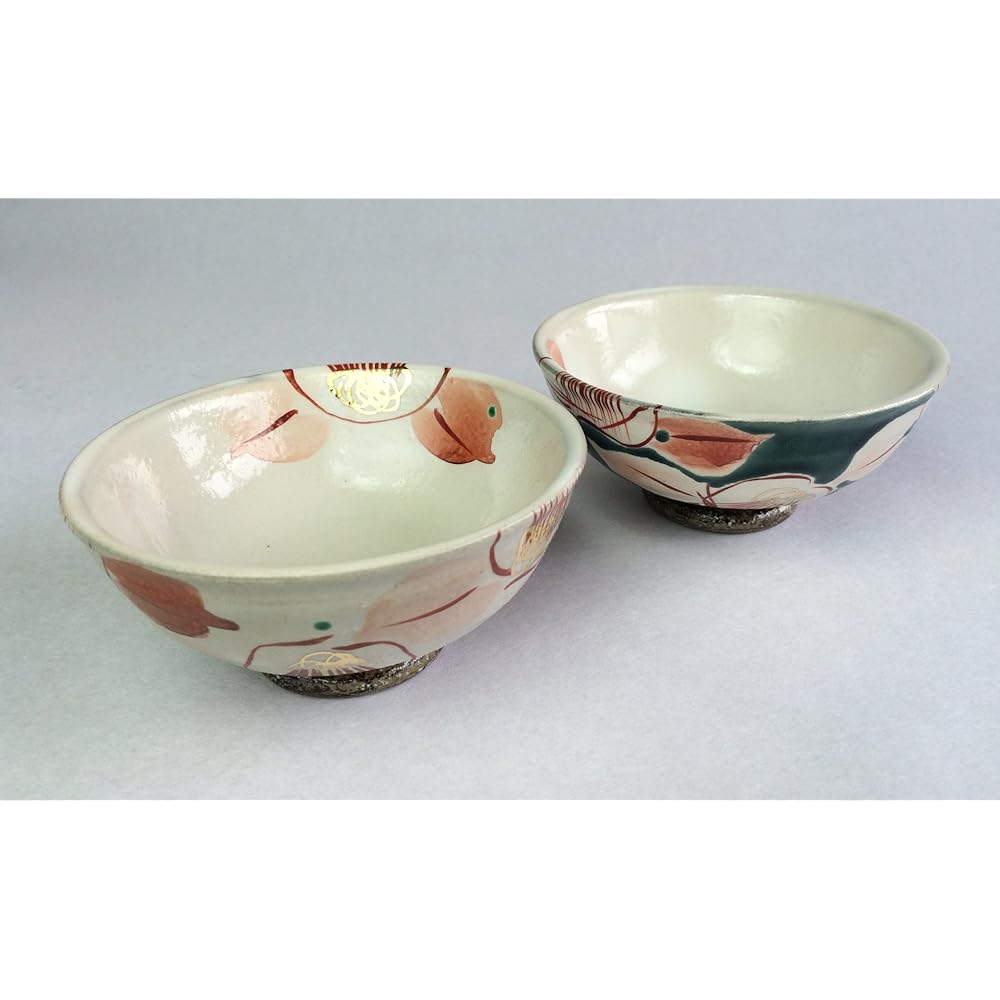 Kutani ware Kokuzo kiln pair rice bowl glaze & red camellia