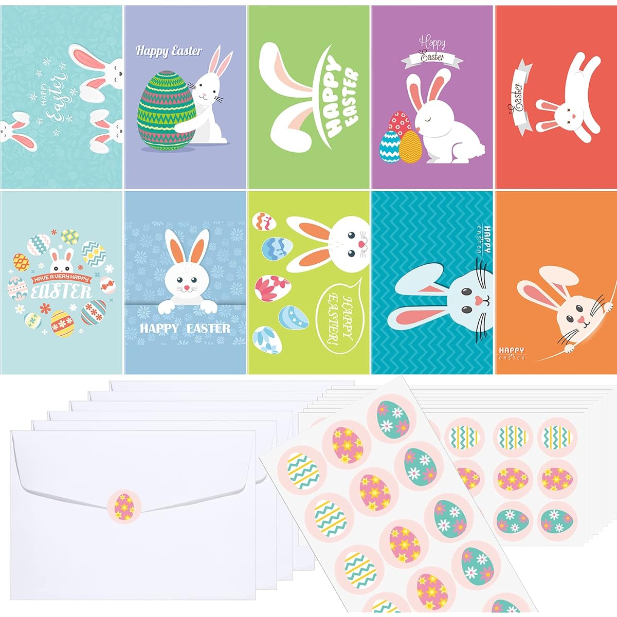 Tinlade Easter Holiday Greeting Card Assortment with Envelope Stickers, Easter Gift Card Set Holder, Easter Bunny Rabbit Egg Cards with 300 Envelopes and 300 Cute Stickers