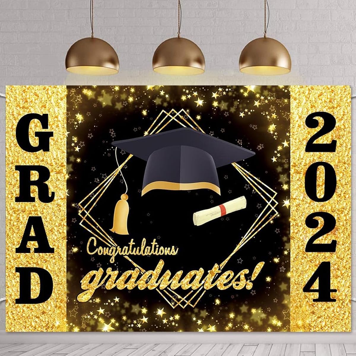 7x5ft Black and Gold Graduation Backdrop for Photography Congratulations Graduation Party Photo Background Celebration Prom Party Photo Booth Props Decorations Banner
