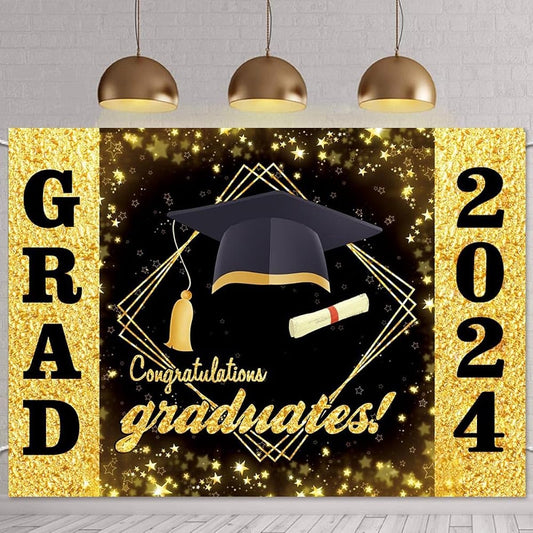 7x5ft Black and Gold Graduation Backdrop for Photography Congratulations Graduation Party Photo Background Celebration Prom Party Photo Booth Props Decorations Banner