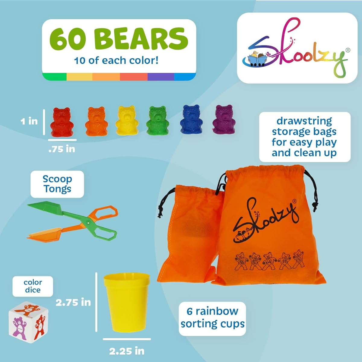 [LOVSAK] Skoolzy Rainbow Stacking Bears with Matching Sorting Cups 69 Piece Toys_and_Games Set for Baby, Kid, 60 Bear counters, Scissor Tongs, Rainbow Cups, Storage Bag, dice