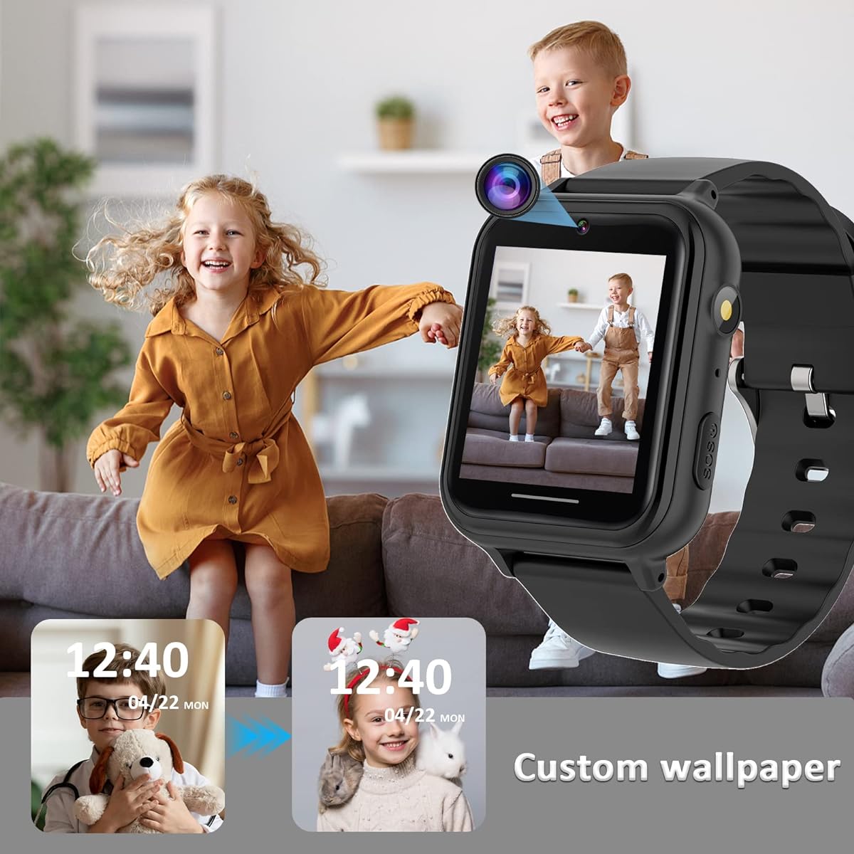 or Kids Selfie Camera Photo Game Music Playback Cute Alarm Clock Alarm Pedometer Calorie Recording Children's Day Kindergarten School Entrance Gift Educational Toy Girls Boys Toys USB Rechargeable Christmas Birthday Present Elementary School Gift (Black)