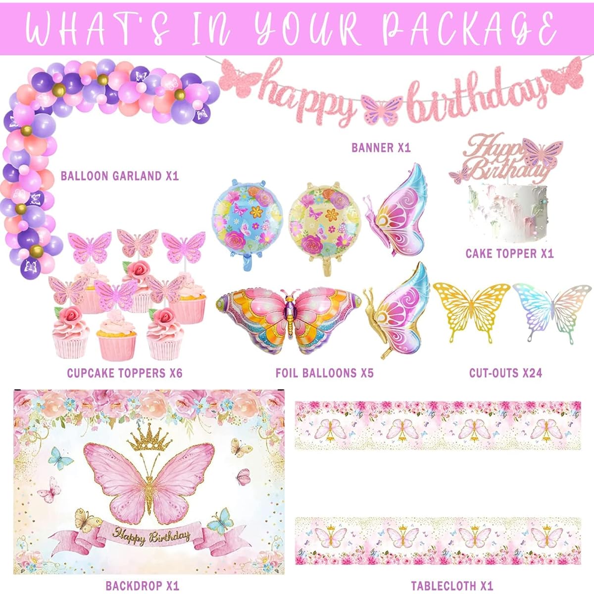 Fiesec Butterfly Birthday Party Decorations, 133 Pieces Butterfly Backdrop Balloon Garland Arch Glitter Banner Tablecloth Cake Cupcake Toppers 3D Butterfly Floral Gold Pastel Purple Pink