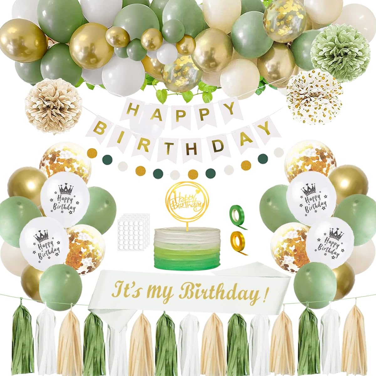 Sage Green Birthday Decorations, Olive Green and White Gold Party Balloons, Happy Birthday Banner, Sash, Circle Dot Garland with Pom Poms and Paper Tassels for Women Men Girls Boys Birthday Decorations