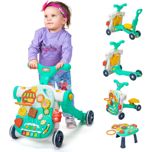 5-in-1 Push & Pull Toy Activity Center Sorting & Stacking Toy Game Table Rider Mode for Kids Birthday Green